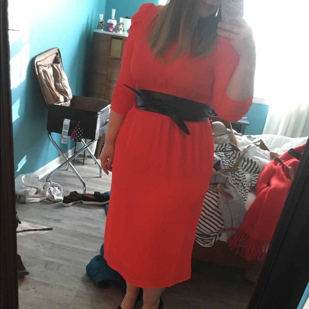 H&M Red-Orange Smocked Midi Dress